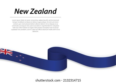 Waving ribbon or banner with flag of New Zealand. Template for independence day poster design