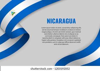 Waving Ribbon Or Banner With Flag Of Nicaragua. Template For Poster Design