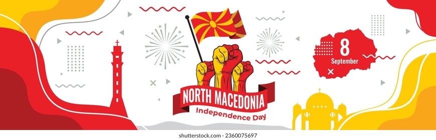 Waving ribbon or banner with flag of North Macedonia. Template for independence day poster design

