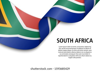 Waving ribbon or banner with flag of South Africa. Template for independence day poster design