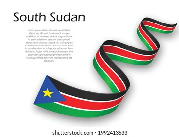 Waving ribbon or banner with flag of South Sudan. Template for independence day poster design