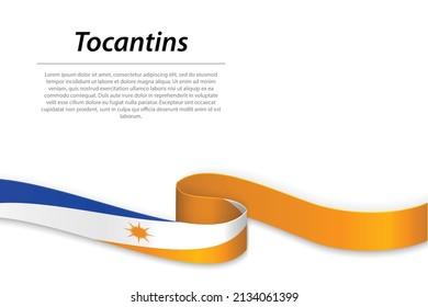 Waving ribbon or banner with flag of Tocantins is a state of Brazil