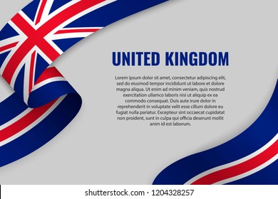 Waving ribbon or banner with flag of United Kingdom. Template for poster design