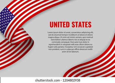 Waving ribbon or banner with flag of United States of America. Template for poster design