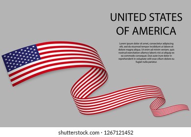 Waving ribbon or banner with flag of United States of America. Template for independence day poster design