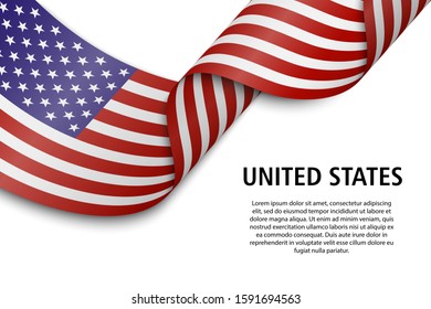 Waving ribbon or banner with flag of United States. Template for independence day poster design