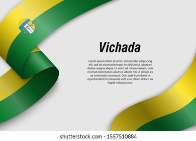 Waving ribbon or banner with flag of Vichada. Department of Colombia. Template for poster design