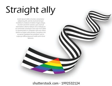 Waving Ribbon Or Banner With Straight Ally Pride Flag , Vector Illustration