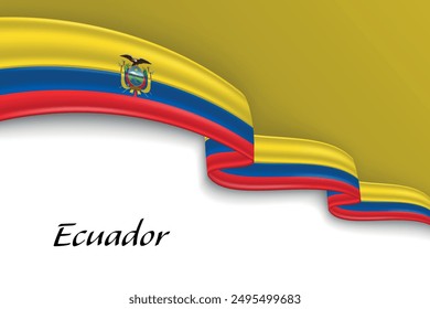 Ondeando cinta con bandera de Ecuador. Plantilla para el diseño de póster del día de la independencia