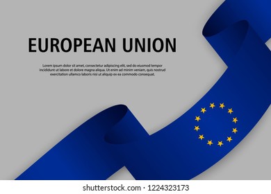 Waving ribbon with Flag of European Union, Template for Independence day banner. vector illustration