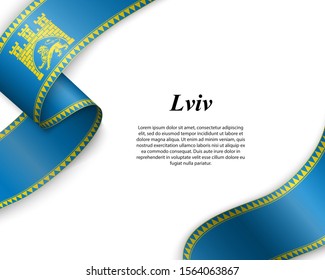 Waving ribbon with flag of Lviv City. Template for poster design