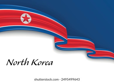 Waving ribbon with flag of North Korea. Template for independence day poster design