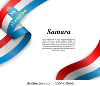 Waving ribbon with flag of Samara City. Template for poster design