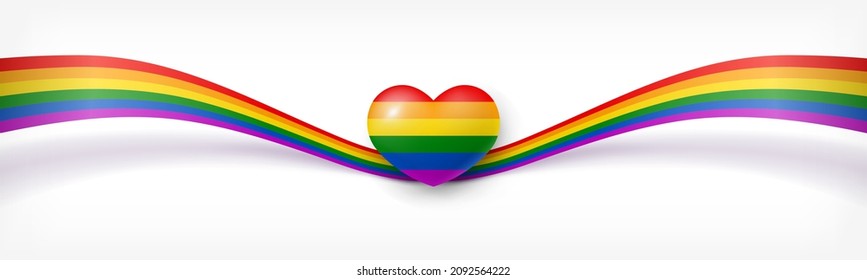 Waving ribbon and heart with flag of LGBT pride. Gay pride month poster template design with white copy space. Love, freedom, support realistic vector illustration.