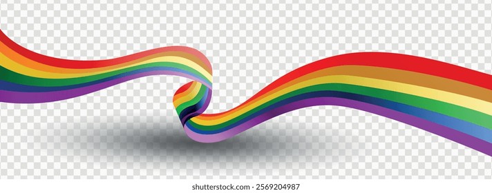 Waving ribbon of LGBT pride isolated on transparent background. LGBTQ colors flag. Love, freedom, support and rights realistic vector illustration.