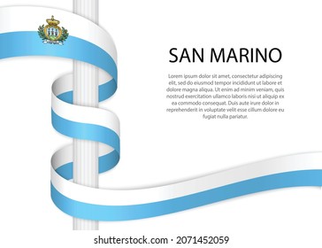 Waving ribbon on pole with flag of San Marino. Template for independence day poster design