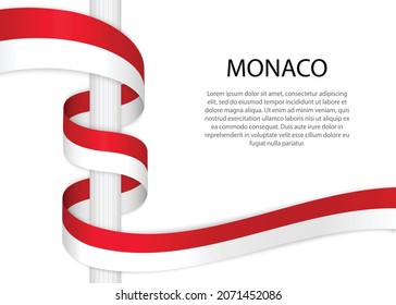 Waving ribbon on pole with flag of Monaco. Template for independence day poster design