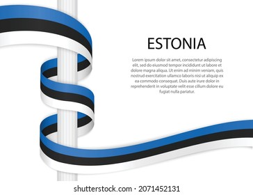 ondeando una cinta en el poste con la bandera de Estonia. Plantilla para diseño de afiches del día de la independencia