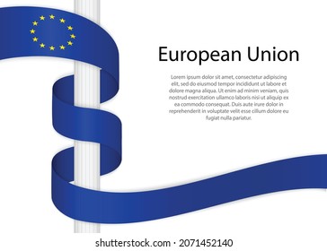 ondeando una cinta en el poste con la bandera de la Unión Europea. Plantilla para diseño de afiches del día de la independencia