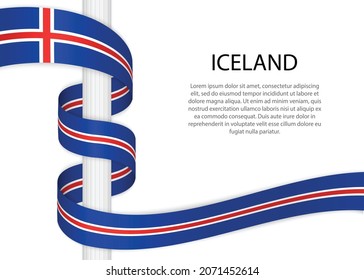 Ondeando una cinta en el poste con la bandera de Islandia. Plantilla para diseño de afiches del día de la independencia