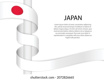 Waving ribbon on pole with flag of Japan. Template for independence day poster design