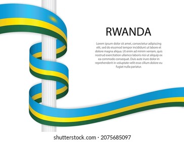 ondeando una cinta en el poste con la bandera de Ruanda. Plantilla para diseño de afiches del día de la independencia