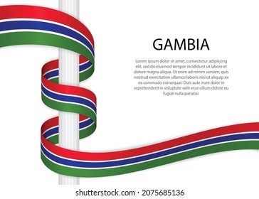 Waving ribbon on pole with flag of Gambia. Template for independence day poster design