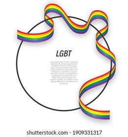 Waving ribbon rainbow gay flag on circle frame. Template for poster design