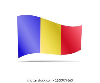 Waving Romania Flag on white. Flag in the Wind. Vector illustration.