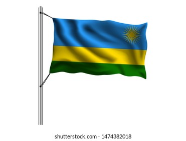 Waving Rwanda flag on flagpole on isolated background, flag of Rwanda, vector illustration