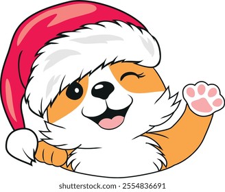 Waving Santa Corgi dog. Vector