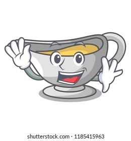 Waving sauce boat cartoon with tasty cheese