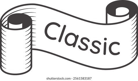 Waving scroll banner featuring the word classic in a simple yet elegant vintage style, ideal for labeling traditional products and conveying a sense of timeless quality