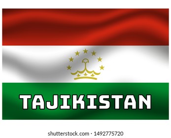 Waving with shadow and name of country Beautiful national flag of Republic of Tajikistan, original colors and proportion. Simply vector illustration eps10, from countries flag set.