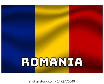 Waving with shadow and name of country Beautiful national flag of Romania . original colors and proportion. Simply vector illustration eps10, from countries flag set.