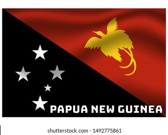 Waving with shadow and name of country Beautiful national flag of Independent State of Papua New Guinea. original colors and proportion. Simply vector illustration eps10, from countries flag set.