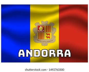 Waving with shadow and name of country National flag of Principality of Andorra . original colors and proportion. Simply vector illustration, from countries flag set.