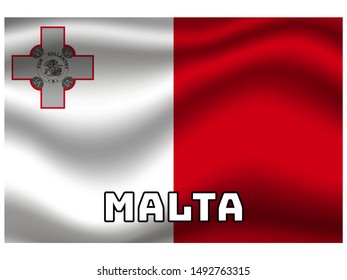 Waving with shadow and name of country National flag of Republic of Malta. original colors and proportion. Simply vector illustration, from countries flag set.
