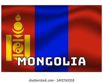 Waving with shadow and name of country National flag of Mongolia. original colors and proportion. Simply vector illustration eps10, from countries flag set.