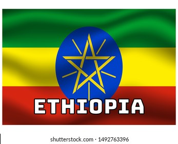 Waving with shadow and name of country National flag of Federal Democratic Republic of Ethiopia. original colors and proportion. Simply vector illustration eps10, from countries flag set.