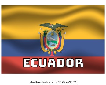 Waving with shadow and name of country National flag of Republic of Ecuador. original colors and proportion. Simply vector illustration, from countries flag set.