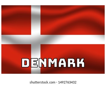 Waving with shadow and name of country National flag of Kingdom of Denmark . original colors and proportion. Simply vector illustration, from countries flag set.