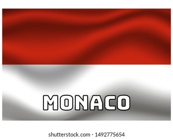 Waving with shadow and name of country National flag of Principality of Monaco. original colors and proportion. Simply vector illustration eps10, from countries flag set.
