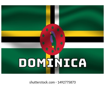 Waving with shadow and name of country National flag of Commonwealth of Dominica. original colors and proportion. Simply vector illustration, from countries flag set.