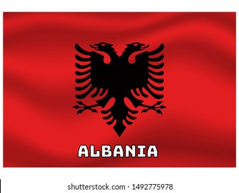 Waving with shadow and name of country National flag of Republic of Albania. original colors and proportion. Simply vector illustration, from countries flag set.