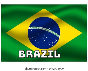 Waving with shadow and name of country National flag of Federative Republic of Brazil. original colors and proportion. Simply vector illustration, from countries flag set.