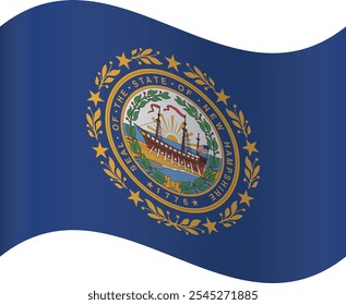Waving shaped printable vector flag of the United States of America federal state of NEW HAMPSHIRE