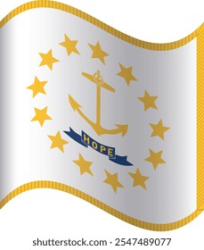 Waving shaped printable vector flag of the United States of America federal state of RHODE ISLAND