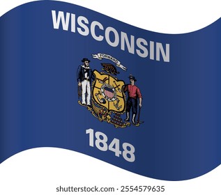 Waving shaped printable vector flag of the United States of America federal state of WISCONSIN
