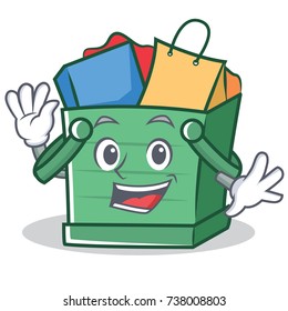 Waving shopping basket character cartoon